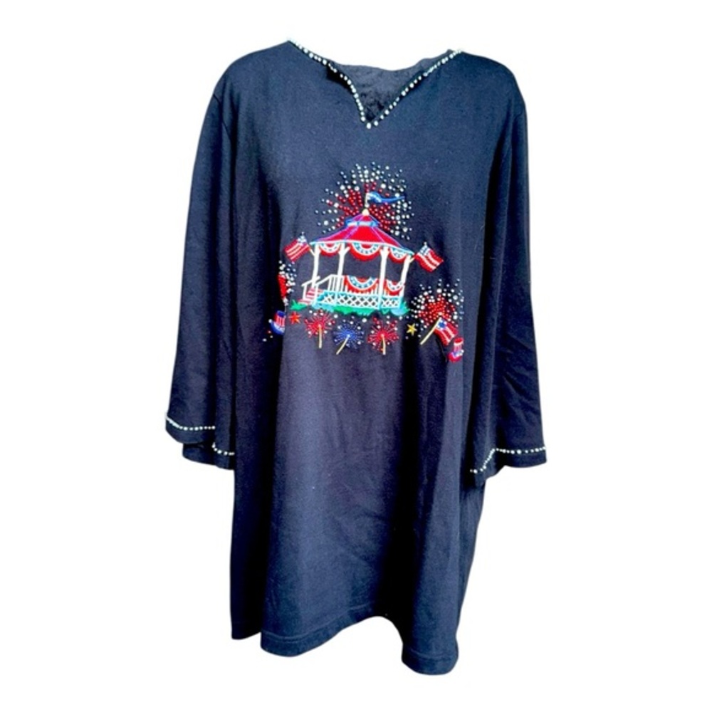 EUC Quacker Factory QVC Sweater Womans 1X Black Rhinestone Embellished 3/4Sleeve
